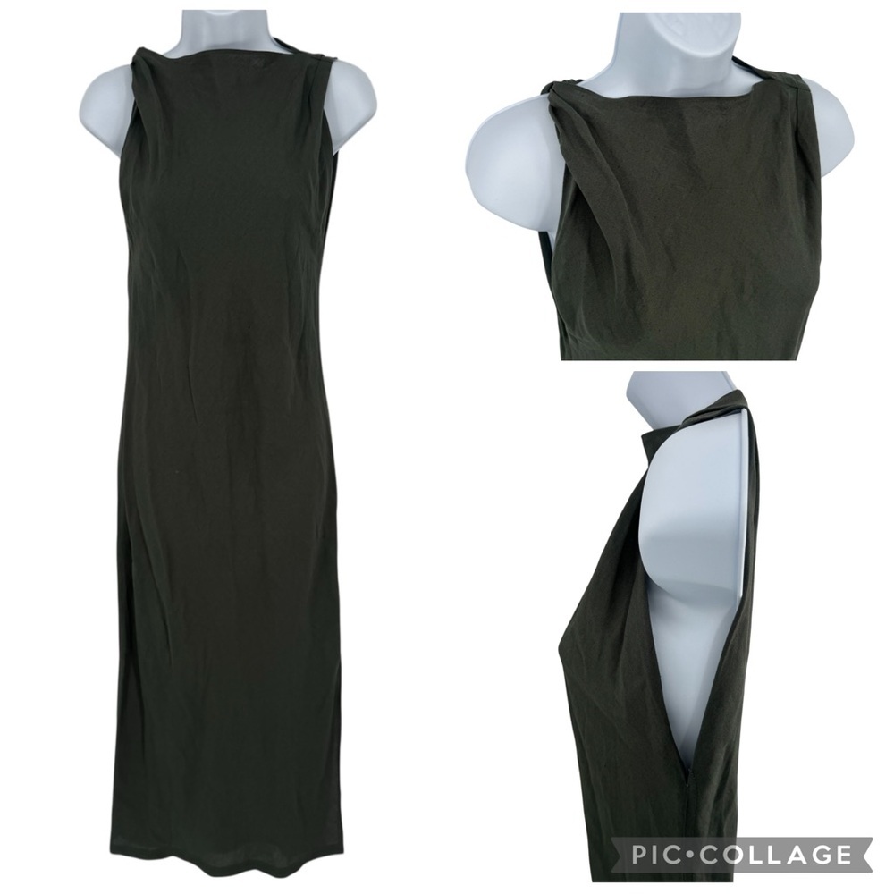 NWT Zara Ecovero Viscose Dark Green Olive Sleeveless Maxi Dress Side Slit XS